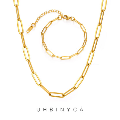 Minimalist Gold Chain Necklace & Chunky Paperclip Bracelet – Waterproof Stainless Steel Jewelry Gift