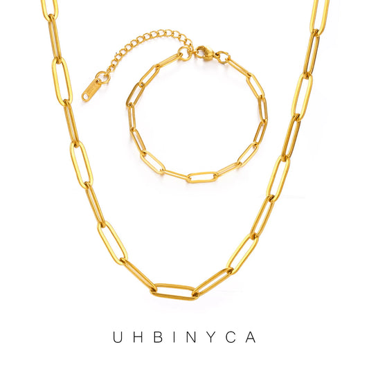 Minimalist Gold Chain Necklace & Chunky Paperclip Bracelet – Waterproof Stainless Steel Jewelry Gift