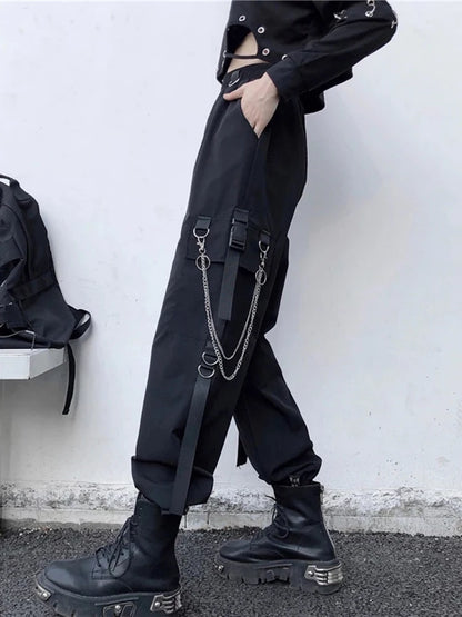 Women's Harajuku High-Waist Cargo Joggers – Punk Harem Pants with Chain & Pockets