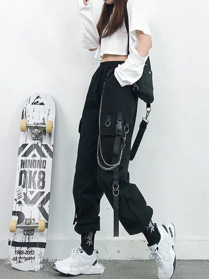 Women's Harajuku High-Waist Cargo Joggers – Punk Harem Pants with Chain & Pockets