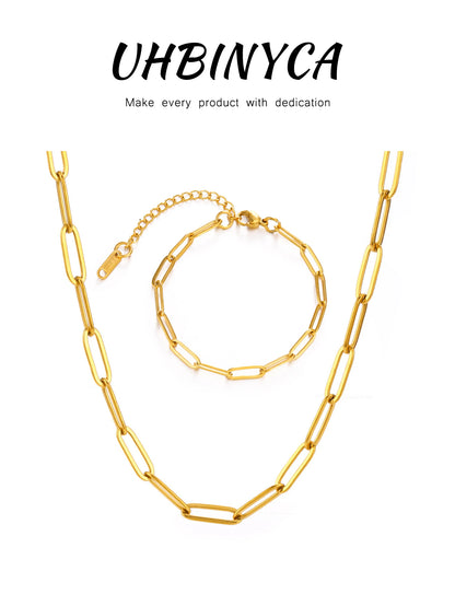 Minimalist Gold Chain Necklace & Chunky Paperclip Bracelet – Waterproof Stainless Steel Jewelry Gift