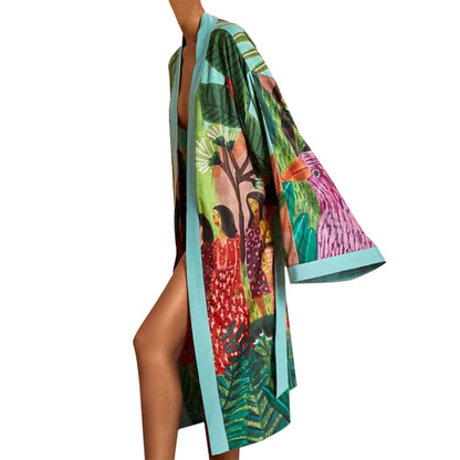 New Elegant Japanese Kimono Robe with Obi – Floral Print Silk Yukata Pajamas for Women