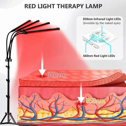 4-Head Red Light Therapy Lamp – 660nm/850nm Infrared for Skin & Pain Relief