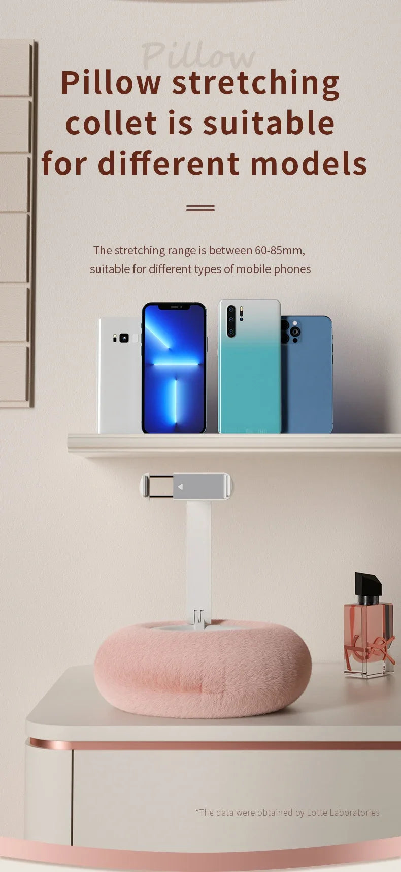 Adjustable phone holder with soft pink base compatible with multiple smartphone sizes – supports 60–85mm width range, by BeTrendy