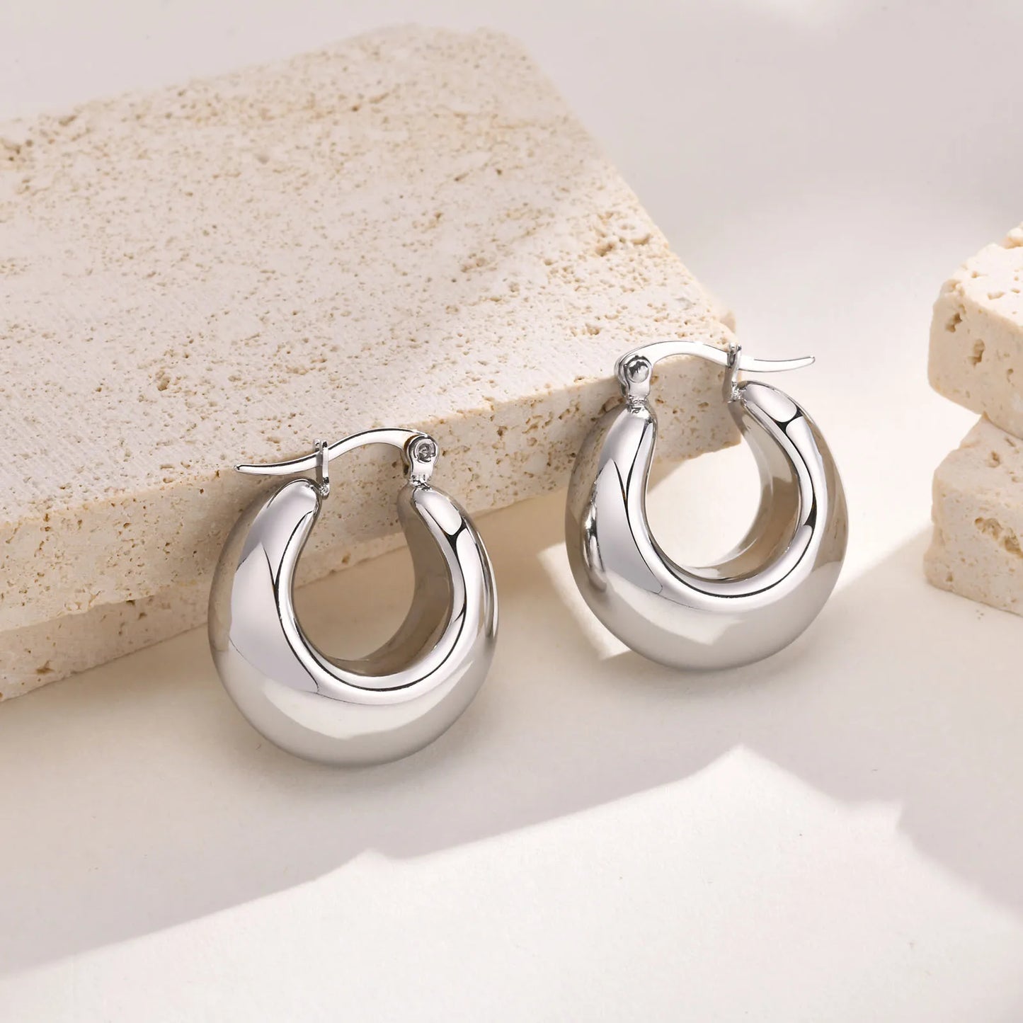 Chunky C-Shape Hoop Earrings for Women – 18K Gold Plated Stainless Steel Huggies