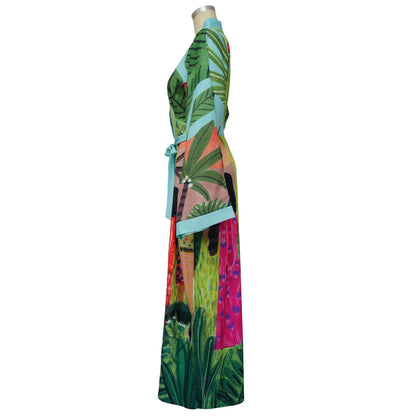 New Elegant Japanese Kimono Robe with Obi – Floral Print Silk Yukata Pajamas for Women