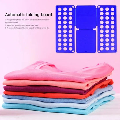 Automatic clothes folding board with a stack of neatly folded colorful shirts demonstrating organized laundry results