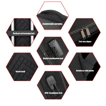 Hexagon layout showing close-ups of backpack features: USB charging port, hidden zippers, handles, and reinforced stitching