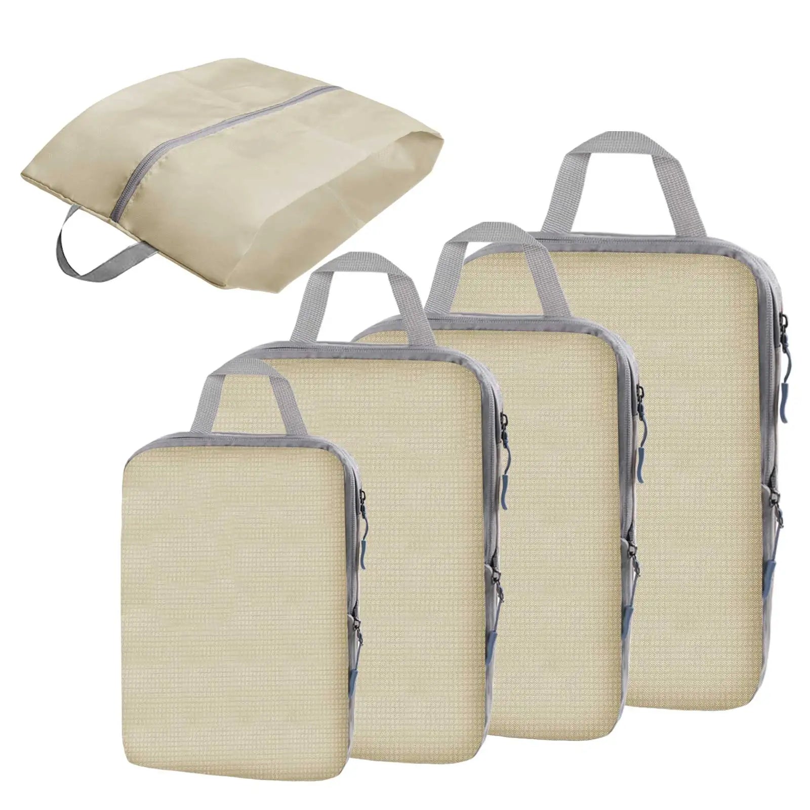 Set of four beige compression packing cubes with gray handles and matching storage bag, ideal for travel organization and space saving