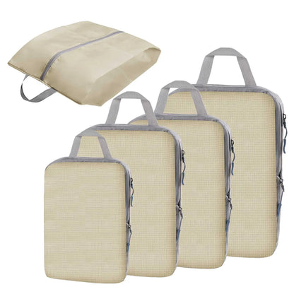 Set of four beige compression packing cubes with gray handles and matching storage bag, ideal for travel organization and space saving