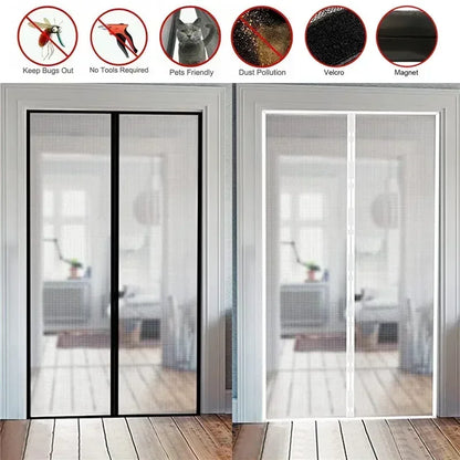 Side-by-side comparison of black and white magnetic mesh door curtains with features like pet-friendly, dustproof, velcro, and bug protection