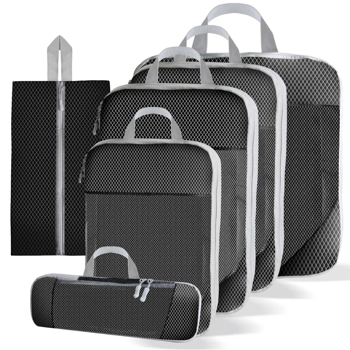 Black mesh compression packing cubes set with five pieces including a shoe bag and accessory pouch, featuring gray handles and zippers for organized travel
