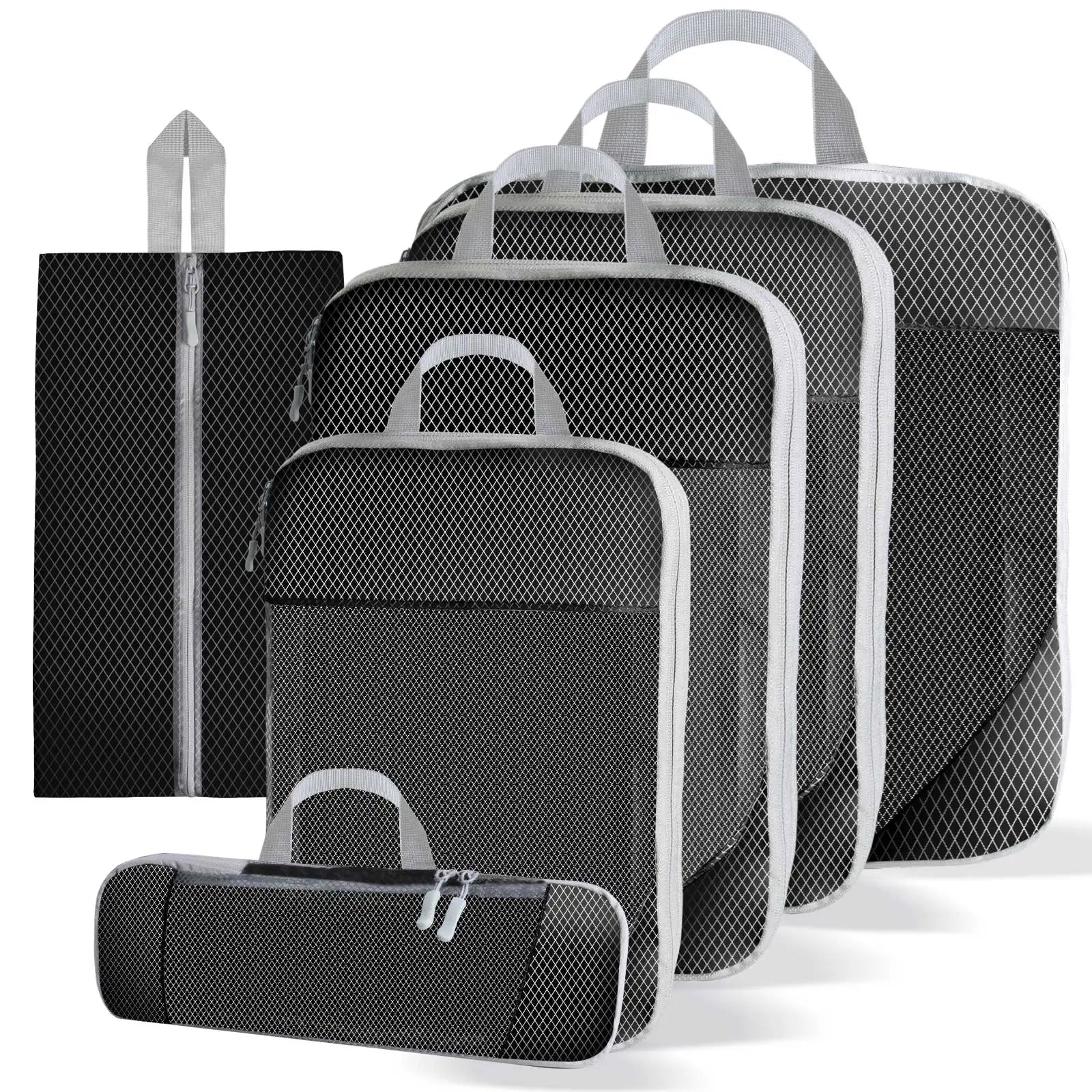 Black mesh compression packing cubes set with five pieces including a shoe bag and accessory pouch, featuring gray handles and zippers for organized travel