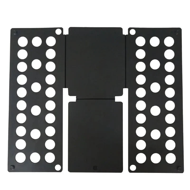 Flat view of black plastic clothes folding board with perforated panels for easy and fast garment folding