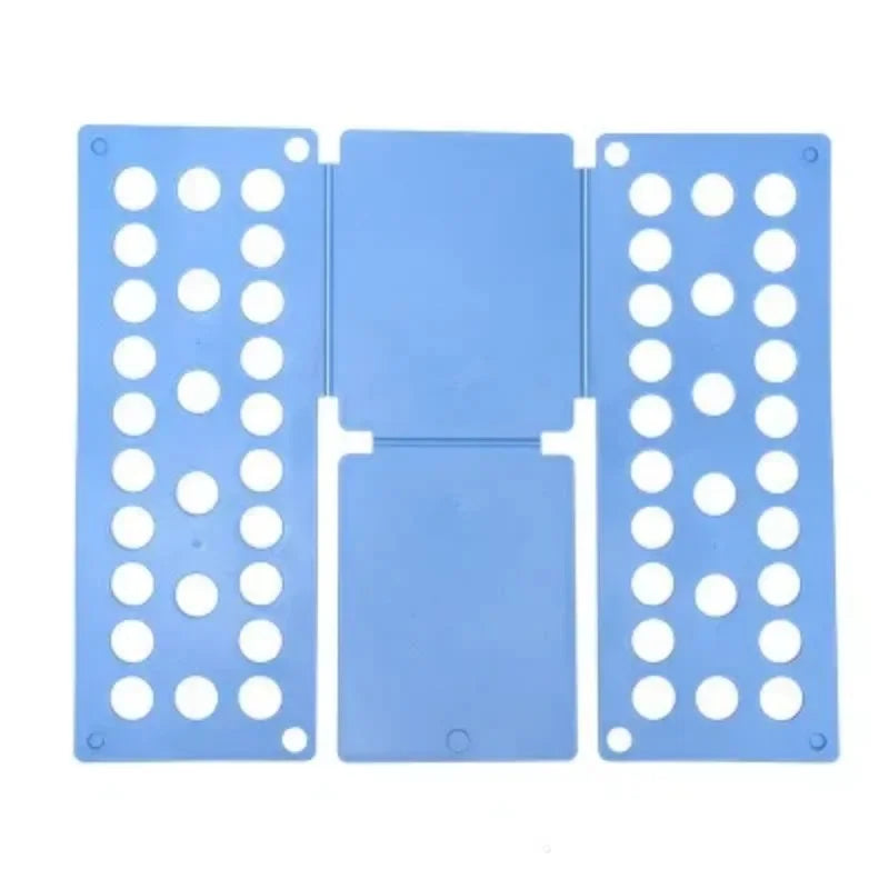 Flat blue plastic clothes folding board with ventilation holes for fast and uniform garment folding