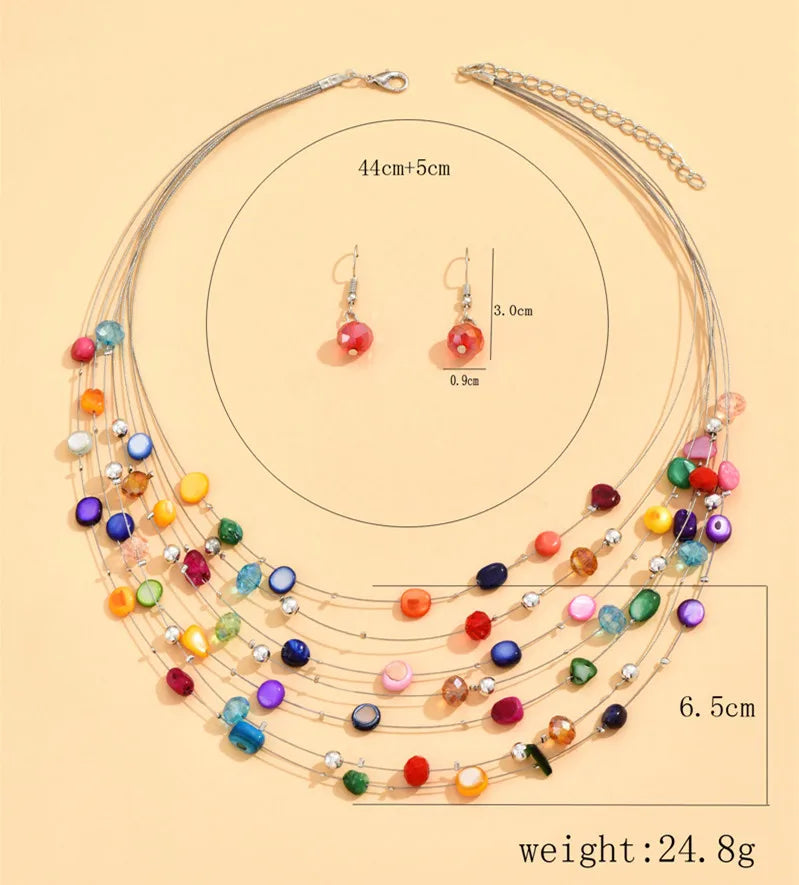 Size chart of multicolor shell necklace and earrings with length and weight measurements.  BeTrendy