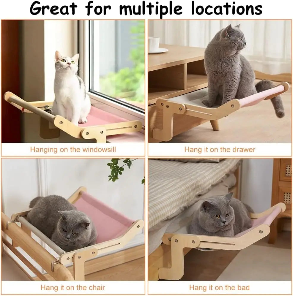 Cats using the hammock bed mounted on various locations: windowsill, drawer, chair, and bed, showcasing flexible installation.