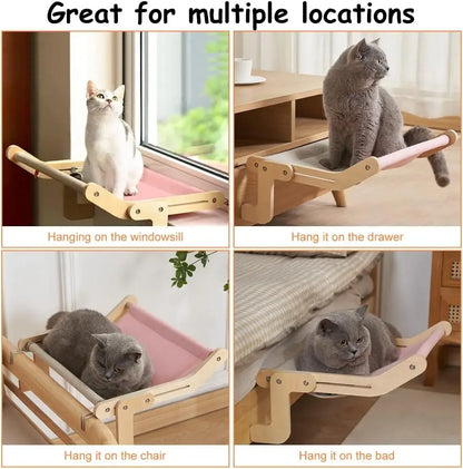 Cats using the hammock bed mounted on various locations: windowsill, drawer, chair, and bed, showcasing flexible installation.