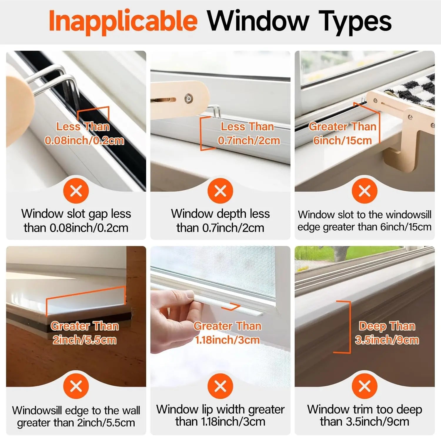 Visual guide showing window types not suitable for the cat hammock bed, including size restrictions for slot gaps, depths, and trims.