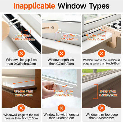 Visual guide showing window types not suitable for the cat hammock bed, including size restrictions for slot gaps, depths, and trims.