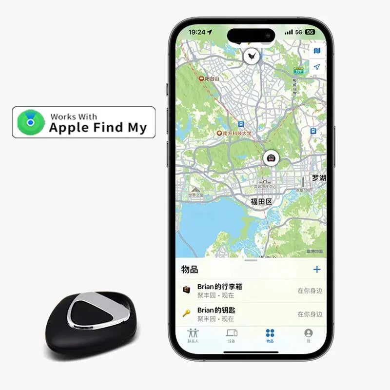 Black GPS tracker next to iPhone showing precise location tracking via Apple’s Find My app on a detailed city map.