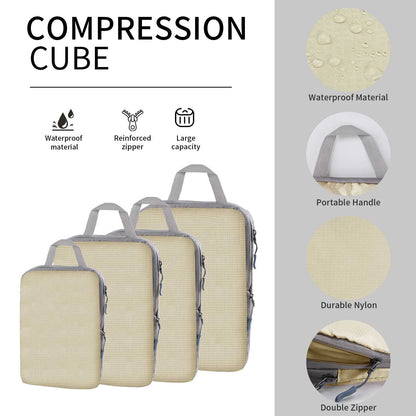 Compression packing cubes in beige with labeled features: waterproof material, reinforced zippers, large capacity, portable handle, durable nylon, and double zipper design