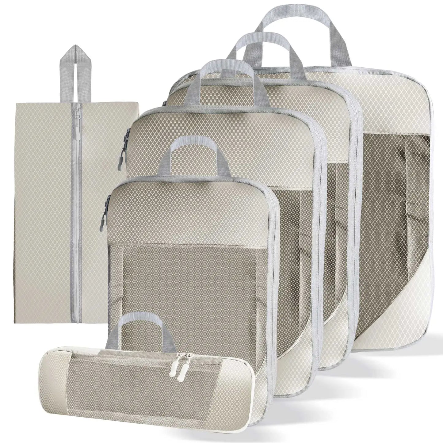 Set of 6 beige compression packing cubes with handles, made of water-repellent Oxford fabric for organized and space-saving travel