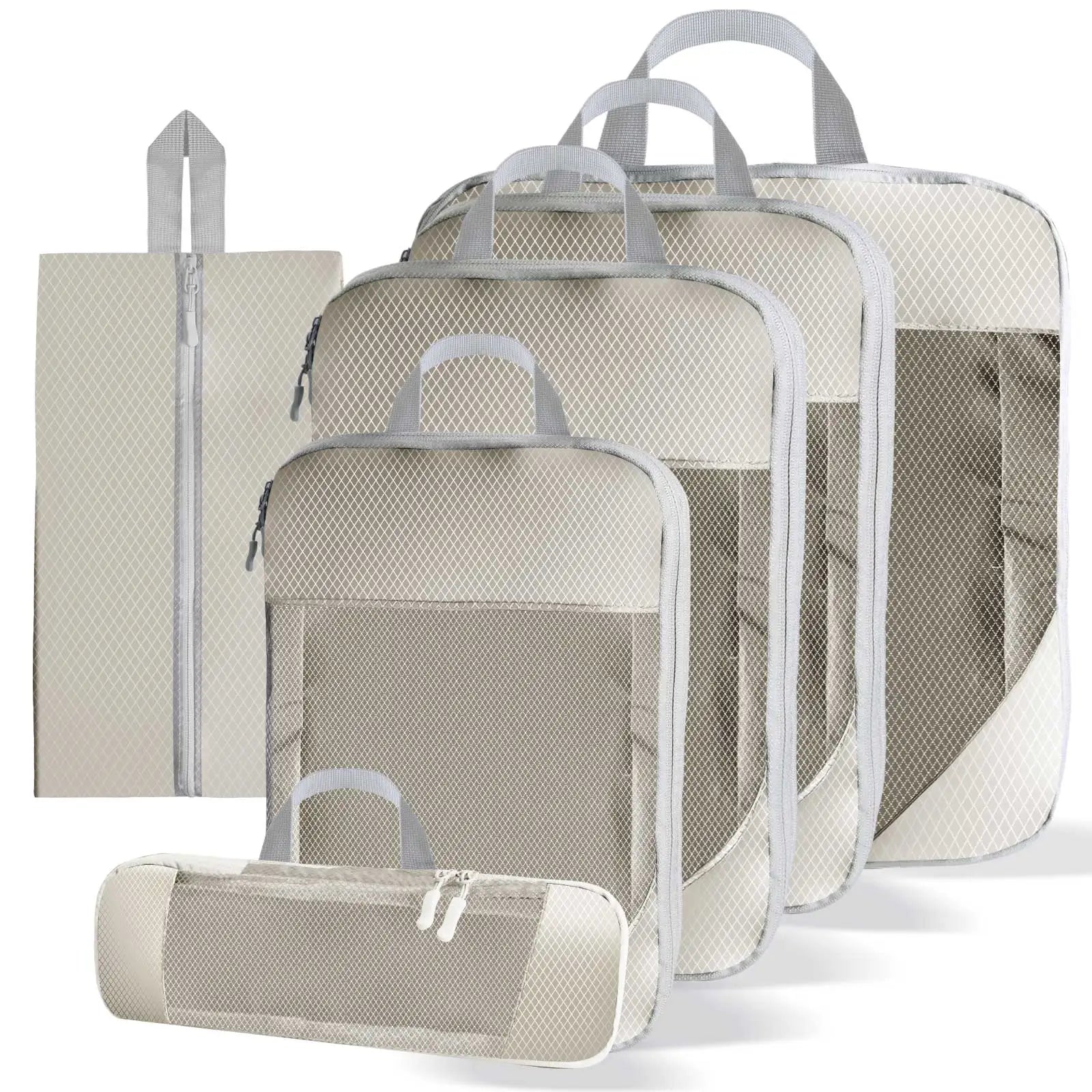Set of 6 beige compression packing cubes with handles, made of water-repellent Oxford fabric for organized and space-saving travel