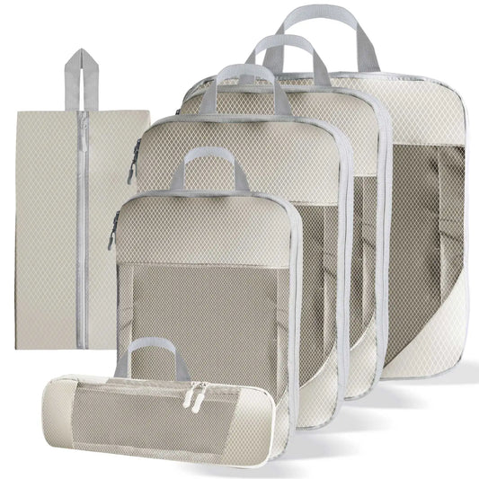Set of 6 beige compression packing cubes with handles, made of water-repellent Oxford fabric for organized and space-saving travel