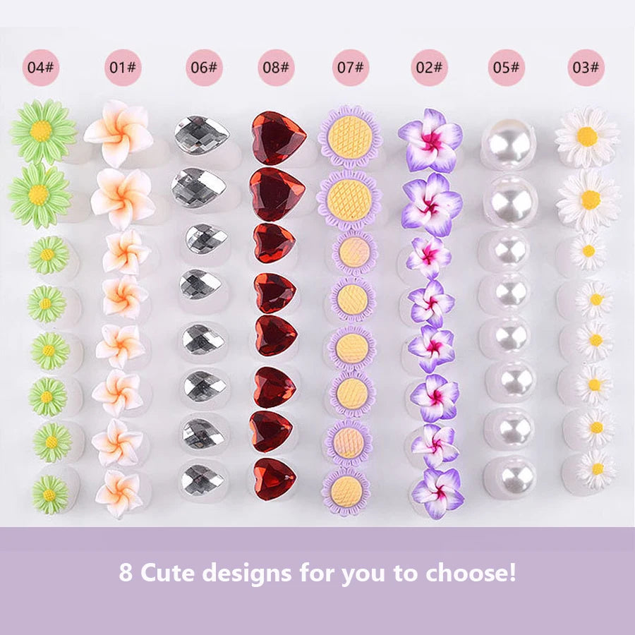 Set of 8 cute silicone toe separators with floral, heart, gem, and pearl designs for pedicure and nail care