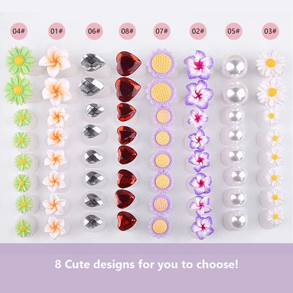 Set of 8 cute silicone toe separators with floral, heart, gem, and pearl designs for pedicure and nail care