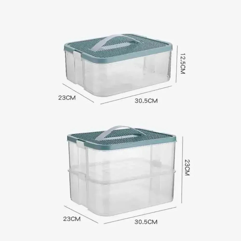 Illustration of single-layer (12.5 cm high) and double-layer (23 cm high) Lego-compatible storage boxes with 30.5 × 23 cm footprint and carry handle