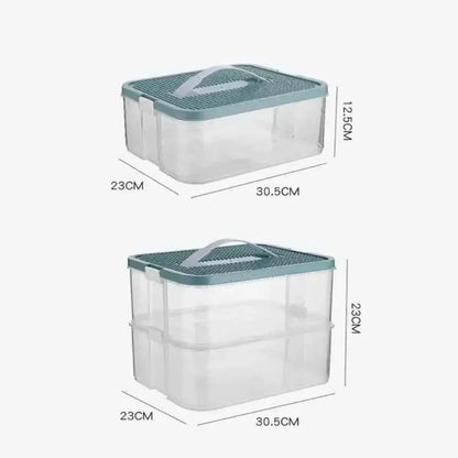 Illustration of single-layer (12.5 cm high) and double-layer (23 cm high) Lego-compatible storage boxes with 30.5 × 23 cm footprint and carry handle