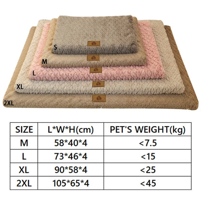 Dog bed size chart showing M to 2XL options with dimensions and recommended pet weight, stacked in pink, beige, and gray colors.