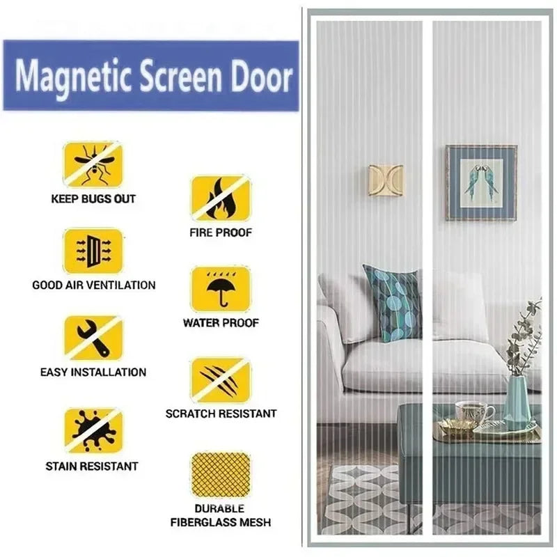 Magnetic screen door with durable fiberglass mesh; features include bug protection, air ventilation, fire and water resistance, easy installation, and scratch resistance