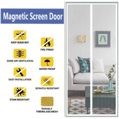 Magnetic screen door with durable fiberglass mesh; features include bug protection, air ventilation, fire and water resistance, easy installation, and scratch resistance