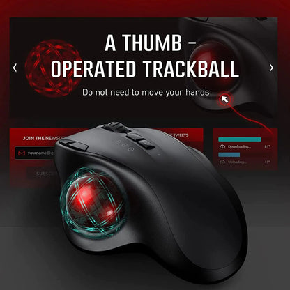 Ergonomic wireless trackball mouse with thumb-operated control, adjustable DPI, and dual Bluetooth/2.4G USB connectivity for precise navigation