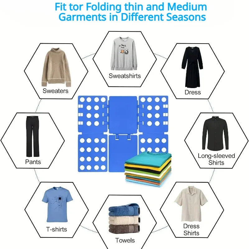 Visual guide showing folding board suitable for sweaters, pants, t-shirts, sweatshirts, towels, dress shirts, and more seasonal clothing