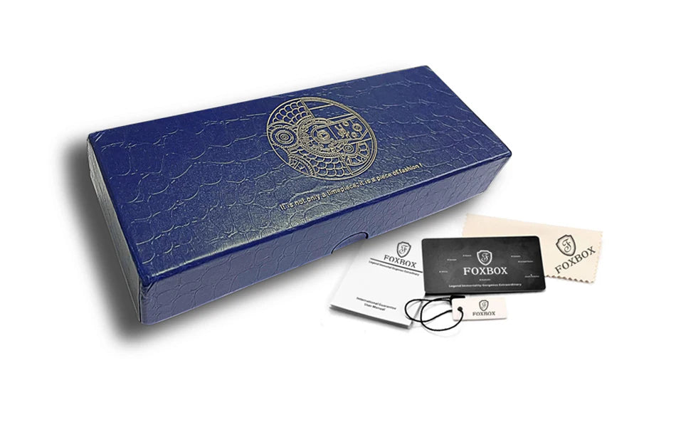 FOXBOX watch premium gift box set including branded box, warranty card, user manual, and microfiber cleaning cloth