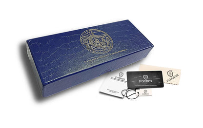 FOXBOX watch premium gift box set including branded box, warranty card, user manual, and microfiber cleaning cloth