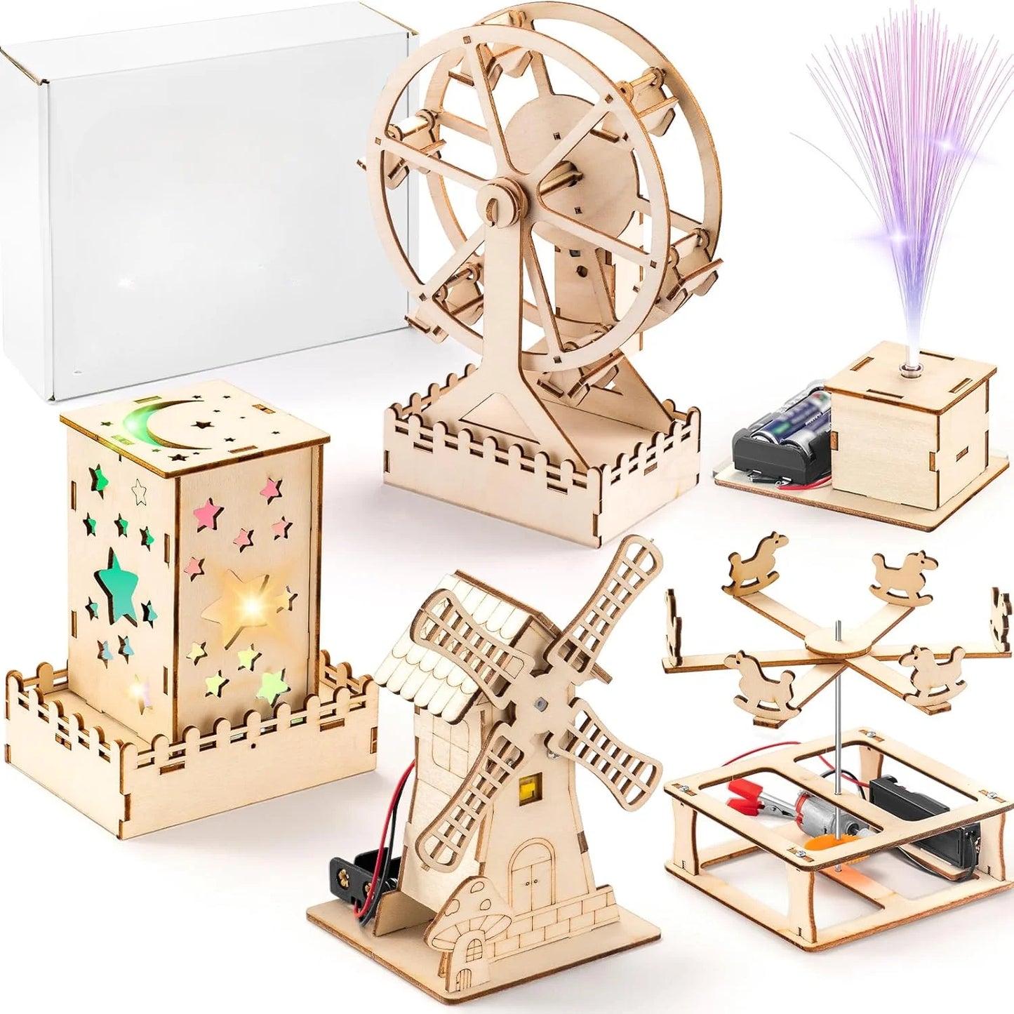 Complete 5-in-1 wooden STEM craft kit by SONGYI with white gift box, ideal for educational and creative play
