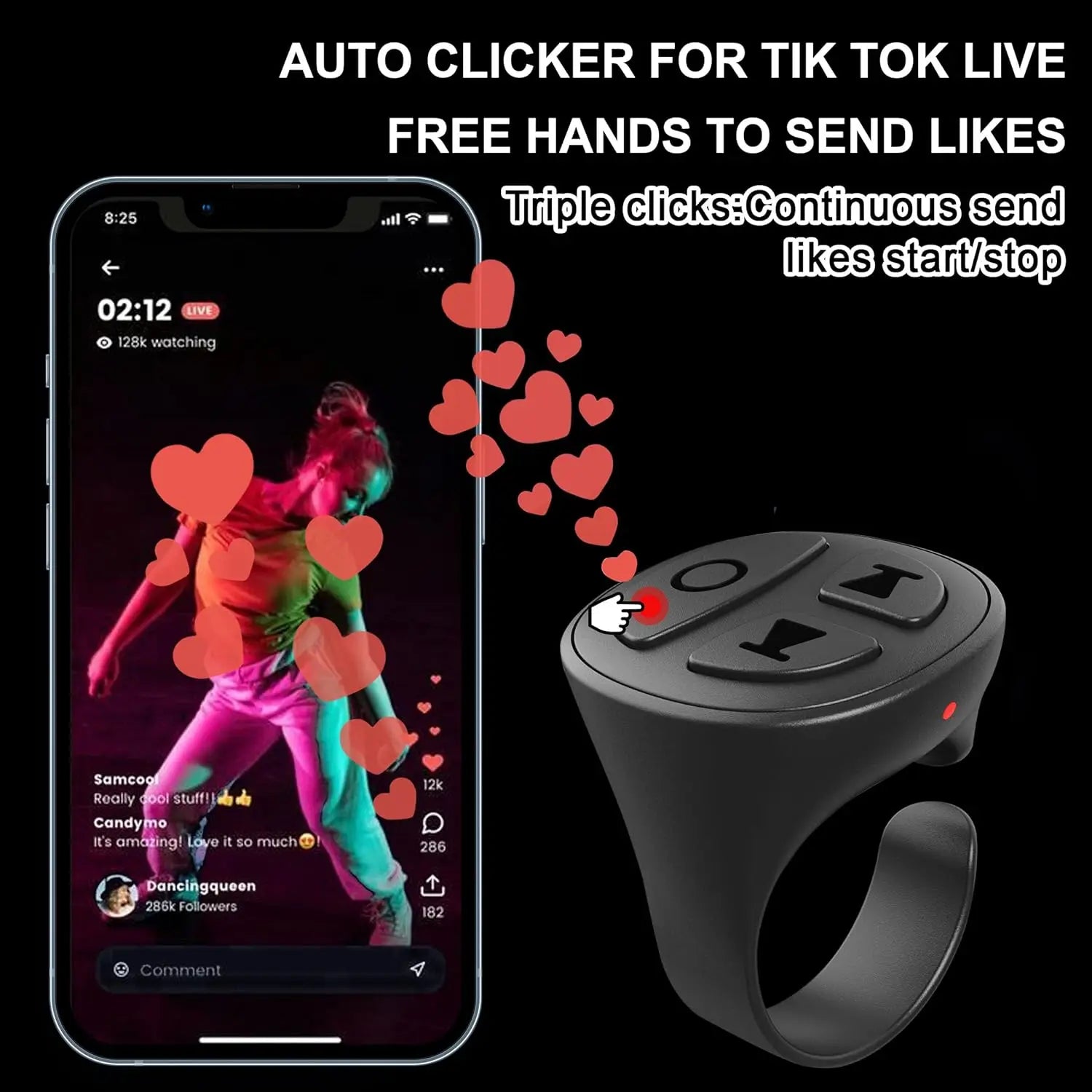 GITFO Bluetooth smart ring auto clicker sending continuous likes on TikTok Live with triple-click functionBeTrendy