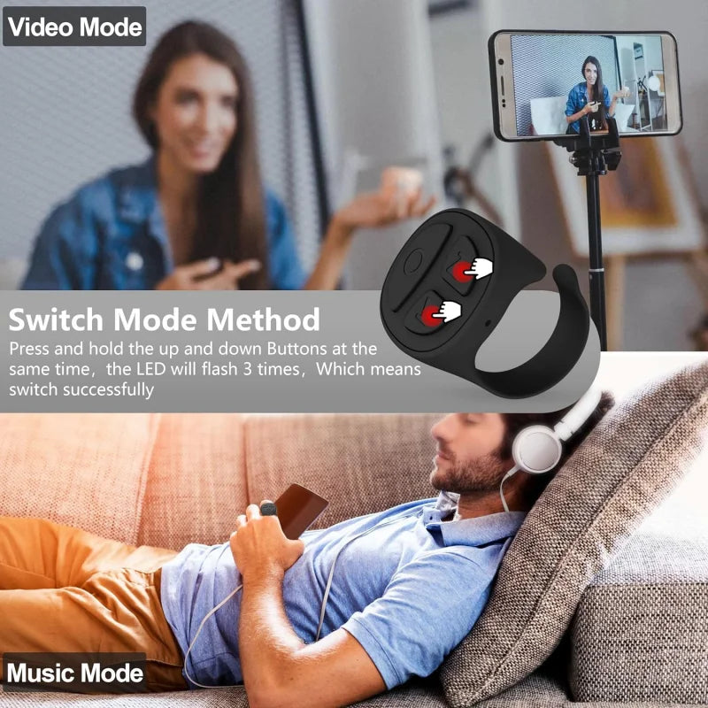 GITFO Bluetooth smart ring showing switch mode method between video and music control by pressing up and down buttons simultaneously BeTrendy