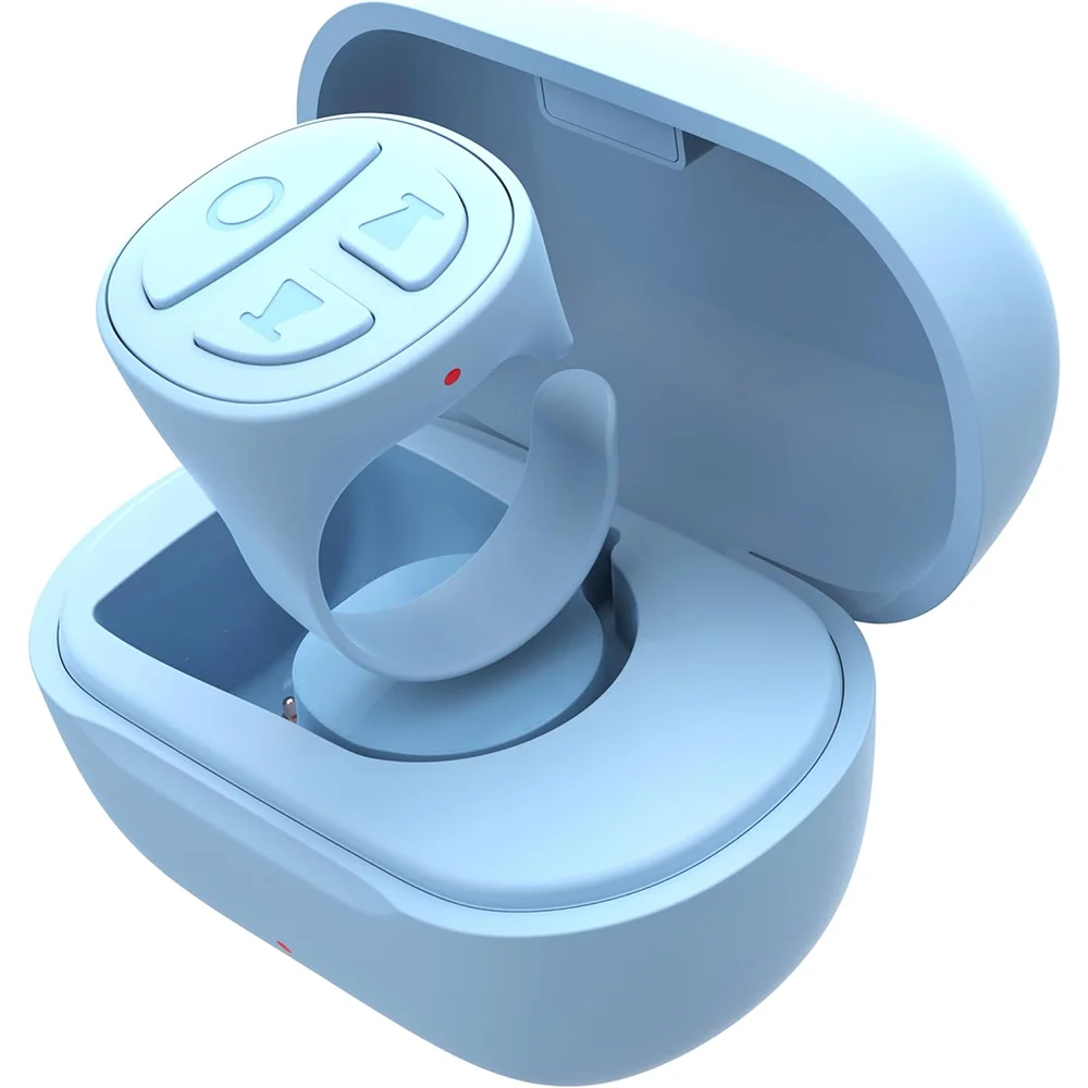 Close-up of GITFO Bluetooth smart ring in blue resting inside its matching magnetic charging case eTrendy