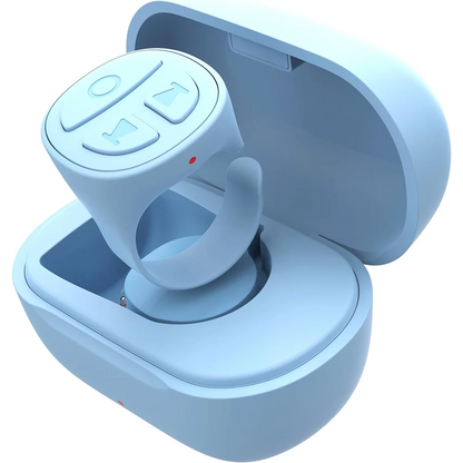 Close-up of GITFO Bluetooth smart ring in blue resting inside its matching magnetic charging case eTrendy
