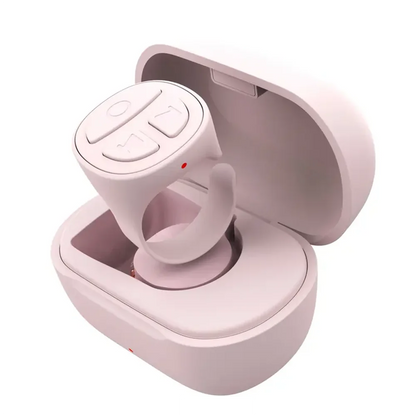 GITFO Bluetooth smart ring in soft pink placed inside a matching magnetic charging case with lid open BeTrendy