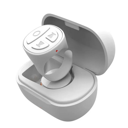 GITFO Bluetooth smart ring in sleek white placed inside a white magnetic charging case with open lid and LED indicator BeTrendy
