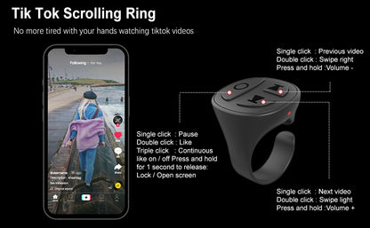 GITFO TikTok smart ring with labeled button functions for scrolling, liking, volume control, screen lock, and media playback on smartphone BeTrendy