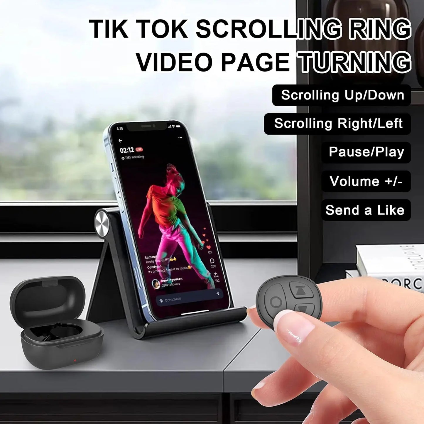 GITFO Bluetooth smart ring controlling TikTok with scrolling, volume, play/pause, and like functions via remote gestures BeTrendy