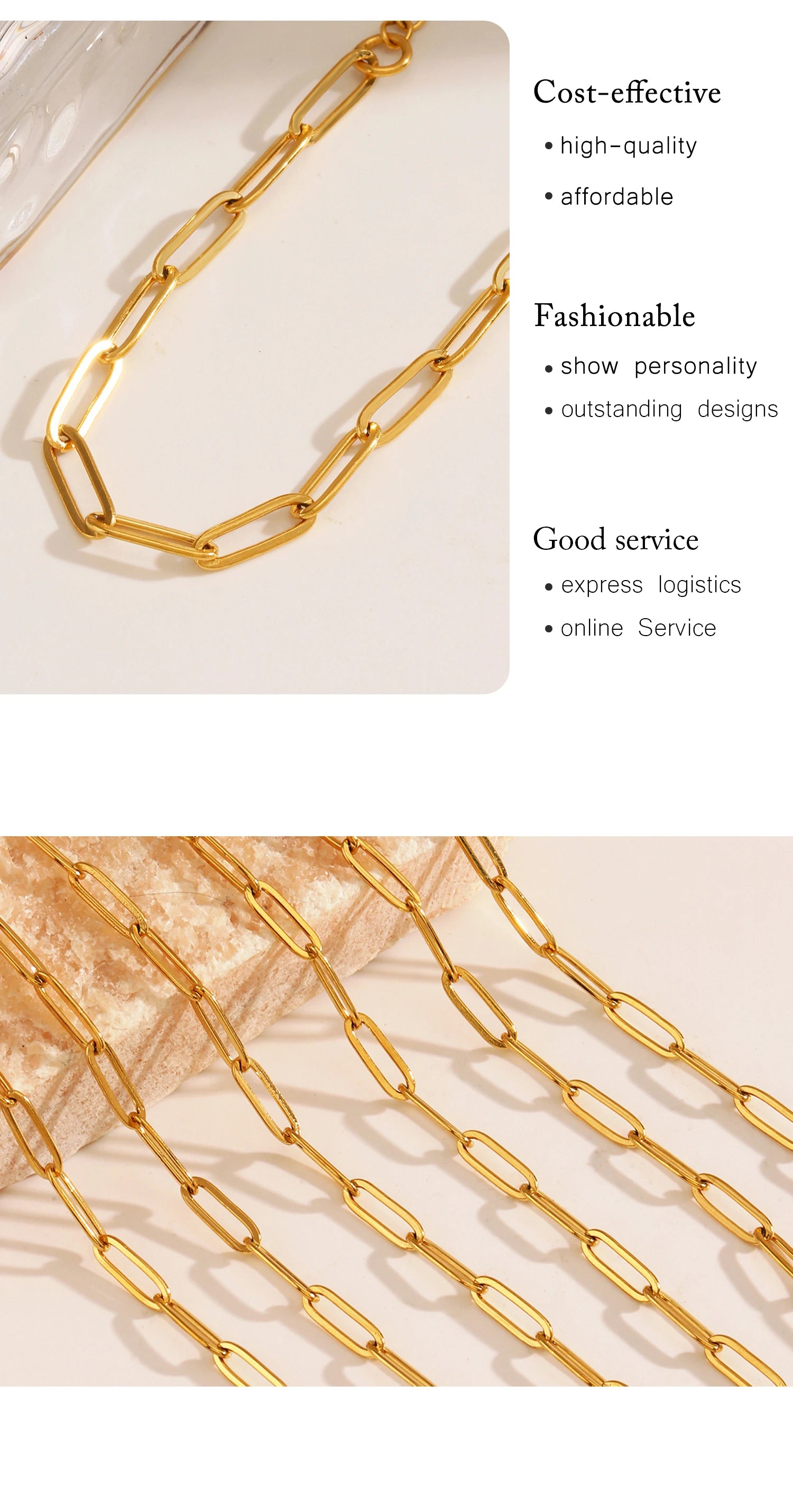 Gold paperclip chain necklace shown with highlights: cost-effective, fashionable design, and reliable service – elegant and affordable jewelry